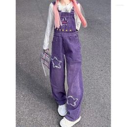 Women's Jeans Star Embroidery Patch Purple Denim Backpack Pants Spring And Autumn Street Retro Women Models High Waist Jumpsuit Baggy