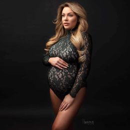 Maternity Dresses Maternity Photography Props Dresses Stretchy Lace Long Sleeve Bodysuit Removable Chiffon Slit Skirt Pregnancy Gowns Photo Shoot