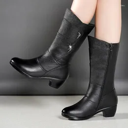Boots 2024 Winter Women Mid-Calf Warm Plush High Heel Snow Autumn British Style Black Fashion Side Zipper Women's