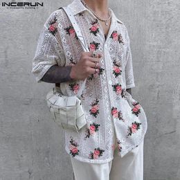 Men's Casual Shirts Men Shirt Mesh Transparent Flower Printing Lapel Short Sleeve Clothing 2024 Summer Streetwear Fashion INCERUN