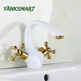 Bathroom Sink Faucets YANKSMART White Luxury Basin Faucet Lavatory Torneira Painting Tap Mixer Body 2 Golden Polished Handles