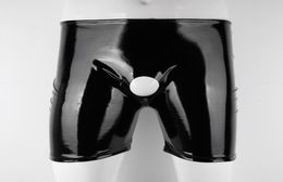 Women039s Panties Black Mens Shiny Patent Leather Shorts Wetlook Open Penis Hole Crotchless Boxer Glossy Elastic Waistband Pant4472805