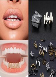 Gold White Gold Iced Out AZ Custom Letter Grillz Full Diamond Teeth DIY Fang Grills Cosplay Tooth Cap Hip Hop Dental Mouth Teet1107008