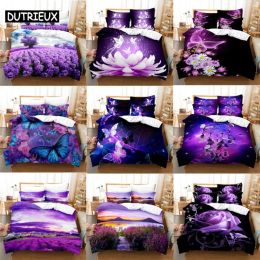 Pillow Purple Bedding Set Linens Duvet Cover Bed Quilt Pillow Case 3D Comforter Lavender Butterfly Double Full King Queen Twin Single