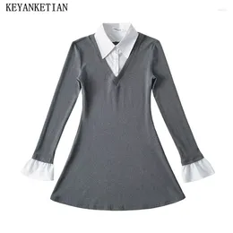 Casual Dresses KEYANKETIAN 2024 Launch Women's Shirt Collar Patchwork Knit Dress Spring Slim Preppy Style Spicy Girl A Line Mini