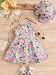 Girl's Dresses Newborn Baby Girls Dress Flowers Print Sleeveless Dress With Hat 2Pcs Set 2024 Summer Fashion Toddler Girl Clothes d240425