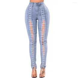 Women's Jeans Lace Up Ripped Ladies High Waist Slim Elastic Pencil Trousers Sexy Women Hollow Out Blue Casual Skinny Denim Pants