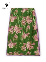 Skirts Birdtree Real Silk Green Jacquard Half Skirt Chinese Style Split H-Shaped One Step 2024 Spring B3D822QC