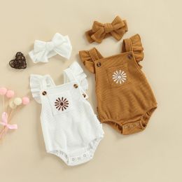 One-Pieces 024M Baby Girl Romper Floral Pattern Ruffle Sleeve Bottom Snap Jumpsuit with Solid Color Hair Accessories