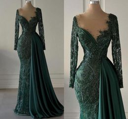 Vintage Dark Green Evening Dresses With Detachable Satin Skirt Mermaid 2024 Sheer Neck Appliques Beads Luxury Party Occasion Gowns Prom Wears BC18700