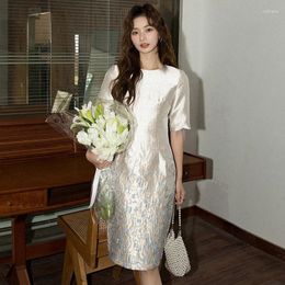 Party Dresses Spring Summer Straight Dress Office Lady Jacquard Pencil Short Sleeve Evening Women Clothing Floral Knee-Length