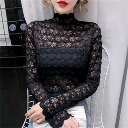 Women's Blouses Women Long Sleeve Hollow Lace T-shirts Solid Color Turtleneck Sexy Transparent Tops Korean Fashion Basic Thin Bottoming