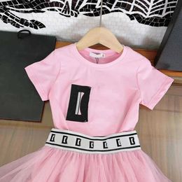 Clothing Sets skirt set kid sets kids designer clothes girls Round neck Pure cotton letter embroidery t-shirt cake Net yarn long Half skirts suit Q2404251