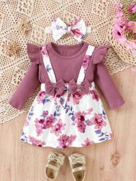 Girl's Dresses Spring And Autumn Girls Round Neck Long Sleeve Bow Blossom Cotton Dress With Headband Fashionable Casual And Sweet d240425