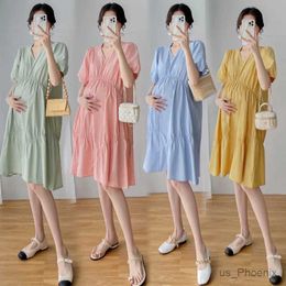 Maternity Dresses Maternity Summer Dress Short Sleeve V-Neck Puff Sleeve High Waist Pregnant Women Cotton Dress Loose Pregnancy Clothes Wholesale