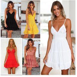 6 Color Sexy Lace Strap Stitching Womens Dress Backless Bow Princess