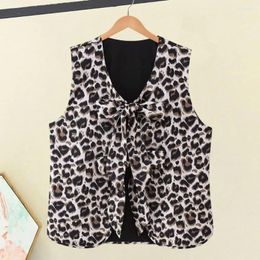 Women's Pants Lace-up Closure Casual Trousers Stylish V-neck Waistcoat Set With Leopard Print Wide Leg For Fashionable