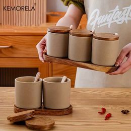 Food Savers Storage Containers KEMORELA Vintage Ceramic Seasoning Jar Set for Home Kitchen Sugar Salt Spices with Spoon Lid Container H240425