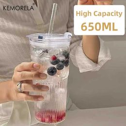 Tumblers 1/2PCS 600ml Stripe Glass Cup with Lid and Straw Transparent Drinking Glasses for Juice Water Iced Coffee Cups Drinkware Mug H240425