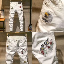 Men New White Bird Embroidered Hip Hop Jeans Fashion Slim Skinny Casual Mens Stretch Denim Jeans Joggers Trousers 28 - 38 201111 s