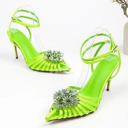 Sandals Roman Yellow Rhinestone Stiletto Women Round Toe Ankle Buckle Strap Solid Summer Fashion Party Shoes