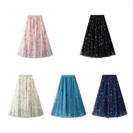 Skirts Women's Midi Mesh Skirt Elegant Floral Print Elastic Waist A-Line Pleated For Spring Fall