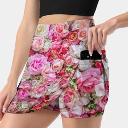 Skirts Pink & Red Roses Romantic Floral Women's Skirt Sport Skort With Pocket Fashion Korean Style 4Xl