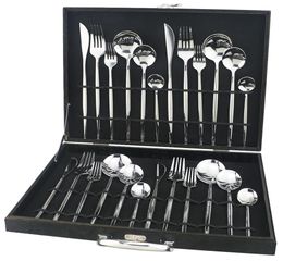 24pcs Cutlery Set 304 Stainless Steel Silver Dinnerware Set Knife Dessert Fork Spoon Silverware Kitchen Tableware Set Black Box 208978387