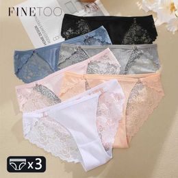 Briefs Panties FINETOO 3Pcs/set Women Cotton Lace Floral Underwear Briefs Sexy Metal Buckle Waist Solid Lingerie Female Hollow Out Panties S-XL Y240425