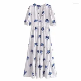 Party Dresses AYUALIN Puff Sleeve Deep V-neck Women Vintage Cotton Embroidery White Summer Dress 2024 Casual Boho Long Robe Vestidos