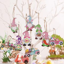 Decorative Figurines 9Pcs Easter Wooden Pendant Cute Egg Hanging Decoration Wood Crafts For Home Happy Party Decor Supplies