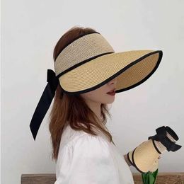 Wide Brim Hats Bucket Hats 2021 New Summer Womens Beach Hat Empty Top Womens Sun UV Protection Hat Folding Chapeau Girl Bow Hat 240424