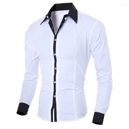 Men's Casual Shirts Men White Shirt Patchwork Social Dress Autumn Spring Solid Long Sleeve Slim Fit Male Top Office Button 2024