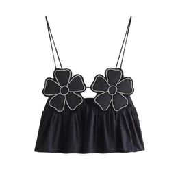 Women's Tanks Camis TRAF Flower Crop Top Women Black Rhinestone Ruffle Backless Sexy Top Woman Camisole Straps Slveless Female Camis Tank Tops Y240420