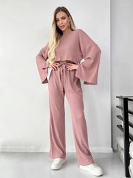 Women's Sleepwear Marthaqiqi Loose Ladies Nightwear Suit O-Neck Long Sleeve Nightgown Crop Top Nightie Wide Leg Pants Pyjama 2 Piece Set