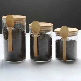 Food Savers Storage Containers Transparent glass container with bamboo lid and wooden spoon used for kitchen storage bottles of brown sugar pine leaf H240425