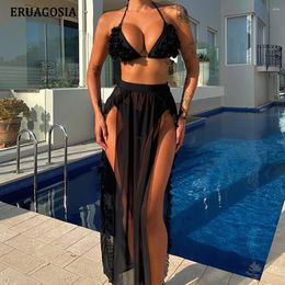 Women's Swimwear Women Bikinis Sexy Swimsuit With Dress High Split See-through Beachwear Push Up Bikini Set Halter Bathing Suit Female