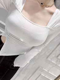 Women's T Shirts Insdoit Early Autumn 2024 Clothes Long Sleeve T-shirt Pure Want To Shrink Pleated Square Collar Stylish Slim Sexy Top