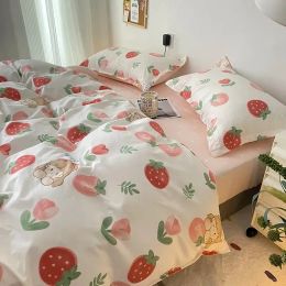 sets Cute Strawberry Duvet Cover Flat Sheet with Pillowcases Floral Twin Full Size Bear Rabbit Bed Linen Boys Girls Bedding Set