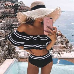 Ruffle High Waist Sexy Off the Shoulder Swimwear Women Swimsuit Brazilian Bikini Set Bathing Suits Summer Beach Wear 210319