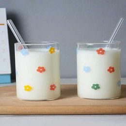 Tumblers Cute Floral Glass For Milk Juice Made Of High Borosilicate Heat-resistant Microwaveable Suitable Home Office H240425