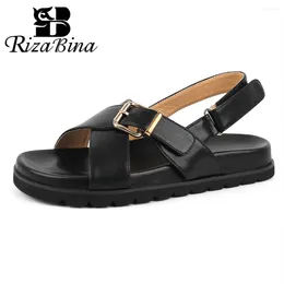 Sandals RIZABINA Size 36-41 Women Flat Real Leather Buckle Strap Slingback Summer Shoes Ladies Daily Casual Handmade