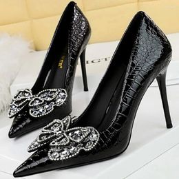 Dress Shoes BIGTREE Retro Western Style Party 10 CM High Heels Pumps Thin Patent Leather Shallow Pointed Toe Crystal Bow Ladies