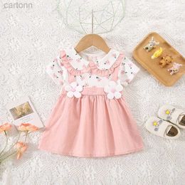 Girl's Dresses (0-3 Years Old) Summer Baby Girl Cotton Flower Fake Two-Piece Shoulder Strap Dress Girl Cute Short Sleeved Dress d240425