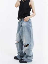 Women's Jeans Multiple Holes Design Loose Blue Pants American Cool Girl Bottoms High Waist Baggy Female Denim Wide-leg Trousers