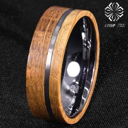 Bands 8mm Tungsten Ring With Whiskey Barrel Wood Brushed Stripe ATOP Men Wedding Ring