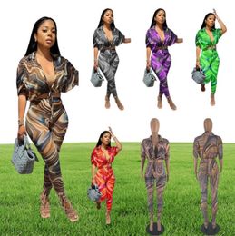 Women Tracksuits Vintage Geometric Pattern Two Pieces Set Shirts and Pants for Lady Fashion Floral Printed Casual Suit7065712