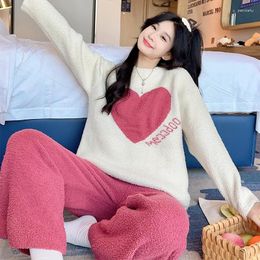 Women's Sleepwear 2024 Coral Fleece Soft Woman Winter Pajamas Sweet With Hearts Fashion Warm Long Sleeve 2 Pieces For Women