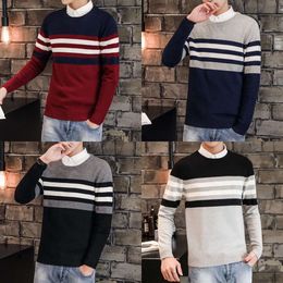 Brandneue lässige O-Neck gestreifte Slim Fit Männer Langarm Patchwork Männlich männlicher Fersterpullover dünne Kleidung Agasalho Masc 201026