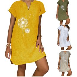Summer Loose Dandelion Print Short Sleeve V Neck Cotton And Linen Womens Dress